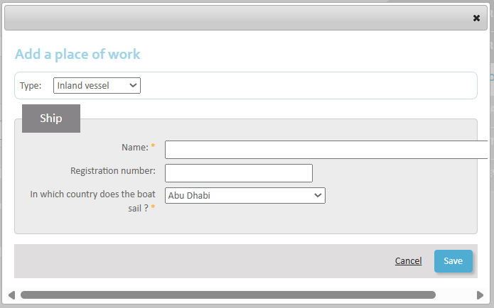 Requesting employment in multiple countries - Step 3  The type selected is 'Boat'. Name and coutry are obligatory fields.