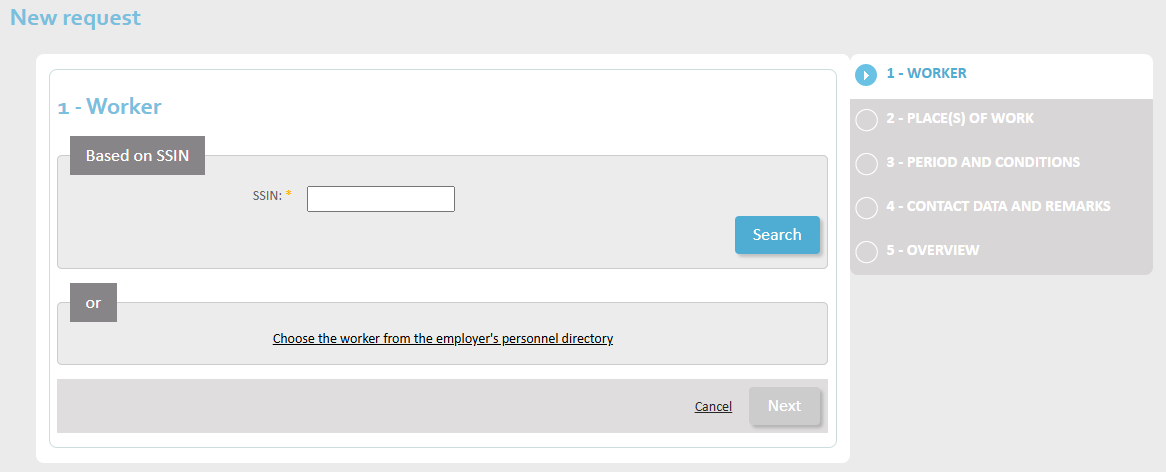 New Request - step 1  New Request: identify employee with SSIN number