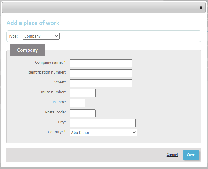 Requestion employment in multiple countries - Step 3  The selected type is 'Company'. The pop-up displays fields detailing the company address. The company name and country are obligatory fields.