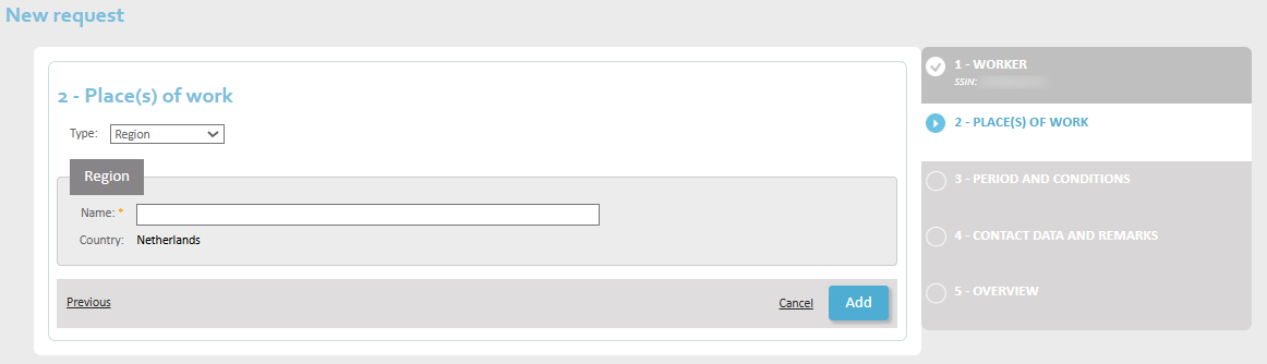 New Request - Step 2  Region of occupation field