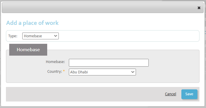 Requesting employment in multiple countries - Step 3  The type selected is 'Homebase'. The country is an obligatory field.